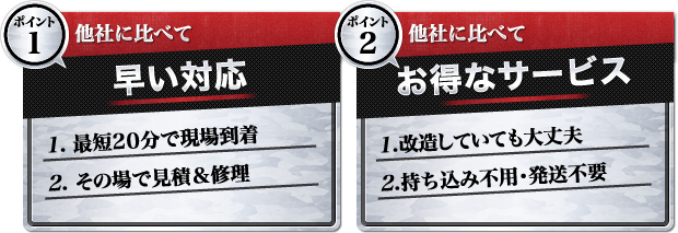 メーカー対応より早い、お得。即日で到着、その場で見積修理、改造していても大丈夫、持ち込み・発送不要